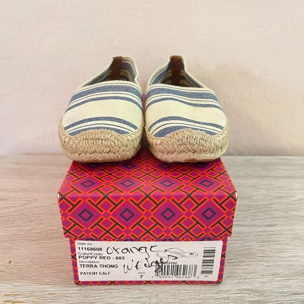 Tory Burch Espadrille Flats Slip On Shoes Ivory Navy Blue Stripe 7